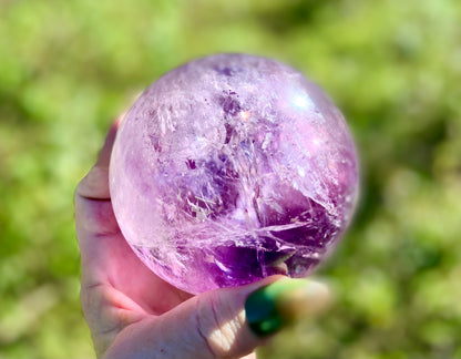 Trapiche Amethyst Sphere with Large Rainbow | Finger Print | Crown Chakra | Rare Collectors Crystal from Brazil | 947 Grams