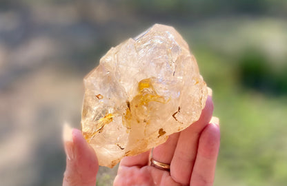 Lemurian Golden Healer Fenster Quartz with Enhydro | Self-Healed Elestial Tip • Pure Light • High Vibrational | 351 g